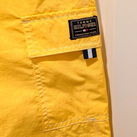 EUC 90s Tommy Hilfiger L Yellow Swim Trunks with Iconic Red and White Waistband - Picture 3 of 7